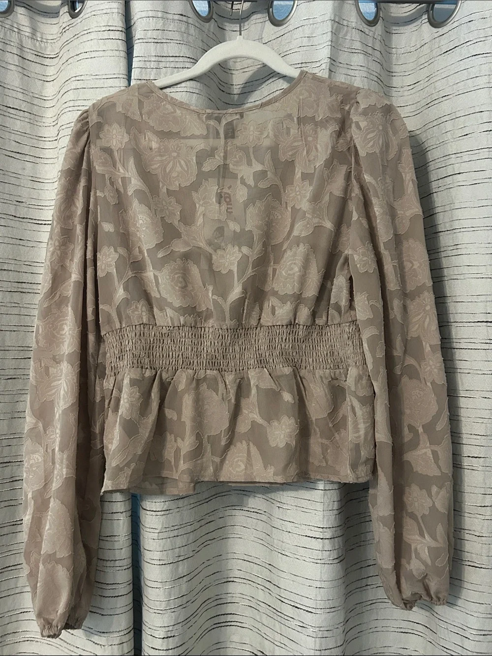 Sincerely Jules Taupe Floral V-Neck Smocked Waist Blouse